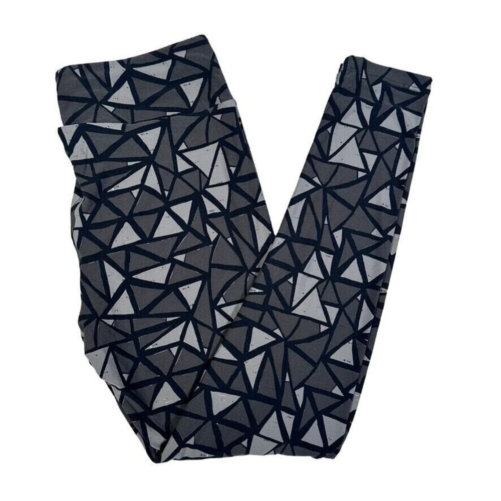 LuLaRoe Black Charcoal Gray Stained Glass Triangles Leggings Tall & Curvy TC